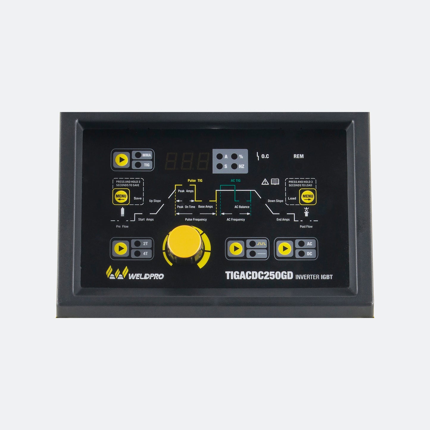 Close-up of Weldpro TIGACDC250GD TIG Welder control panel for precise welding