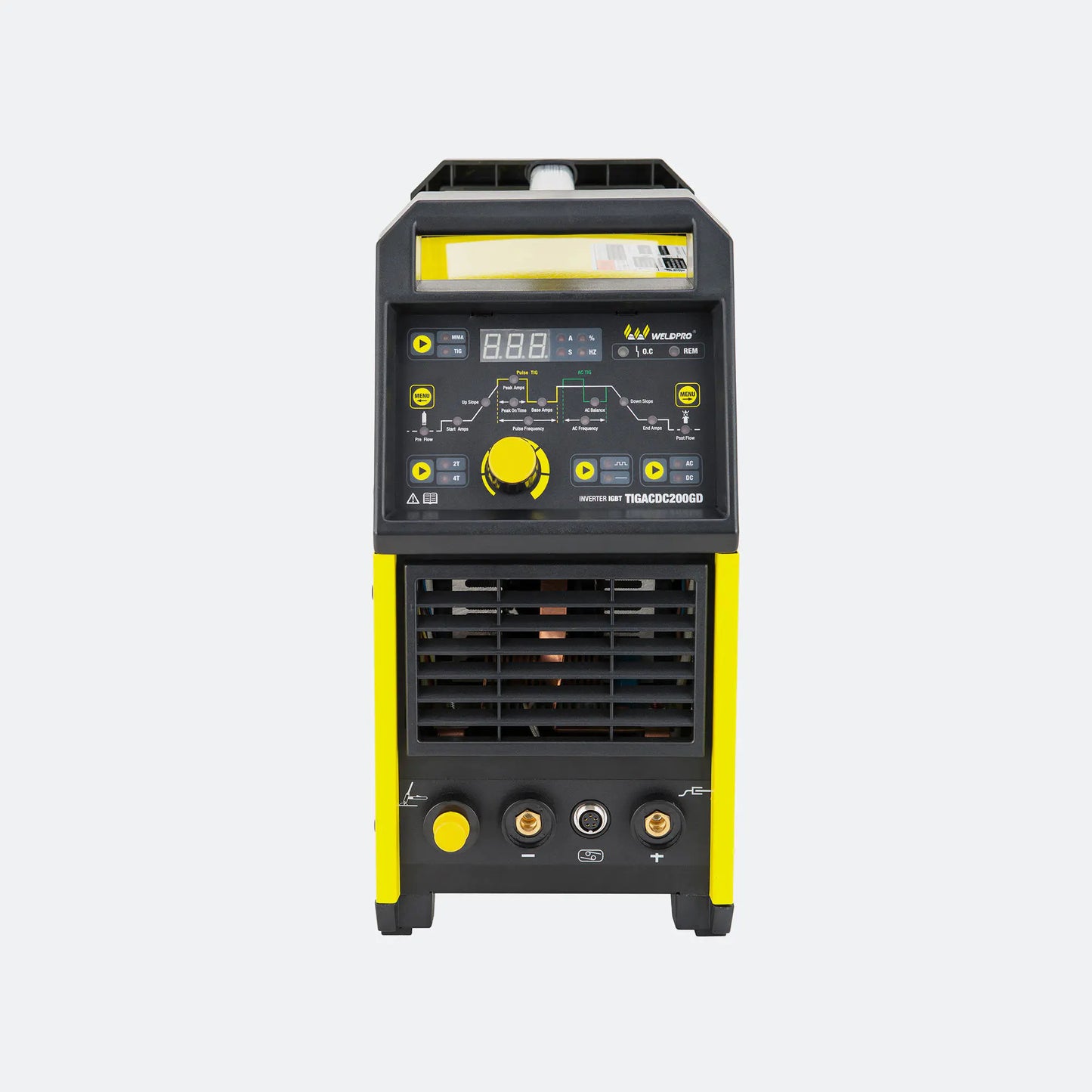 Close-up of TIGACDC200GD control panel with advanced settings for TIG welding