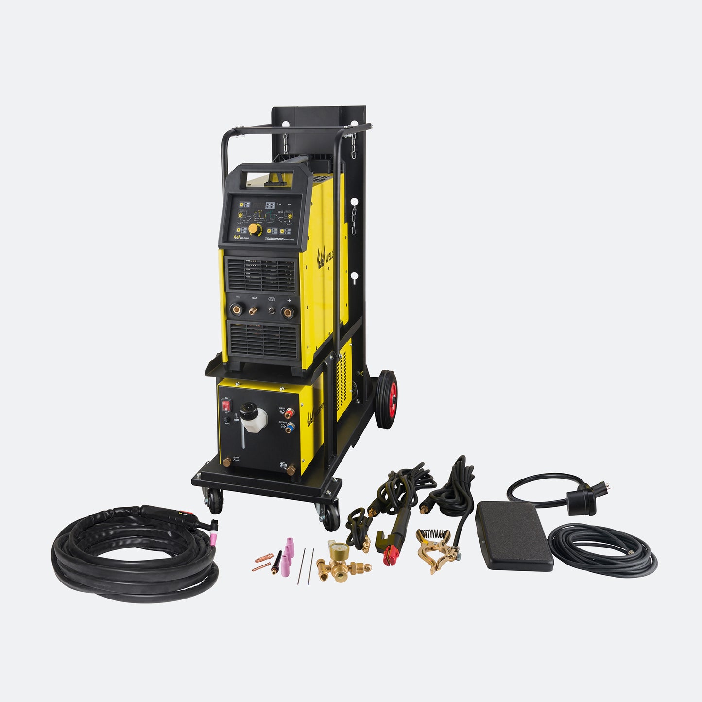 Complete welding package with Weldpro TIGACDC250GD, cart, cooler, and TIG20 Torch